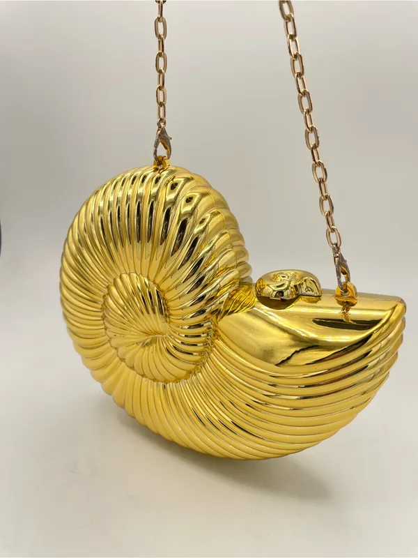 Gold Nautilus Shell Clutch Crossbody Purse Metallic Hard Case Evening Bag - Image 3