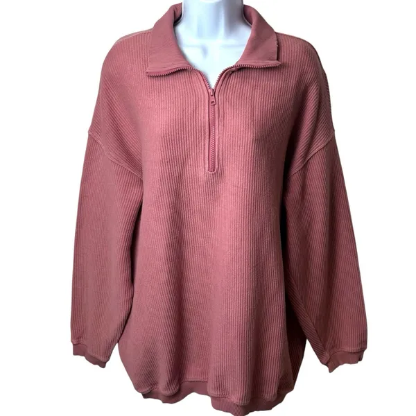 Aerie Oversized Beyond Ribbed Quarter‎ Zip Pullover Sweater Pink Cozy S - Image 2