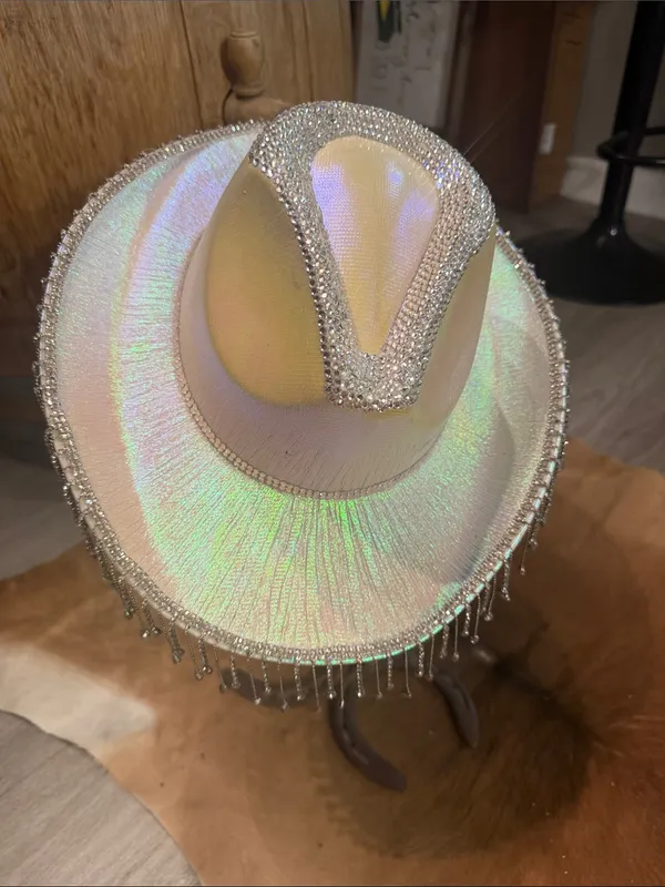 Holographic Rhinestone Fringe Western Cowgirl Hat Festival costume Halloween - Image 4