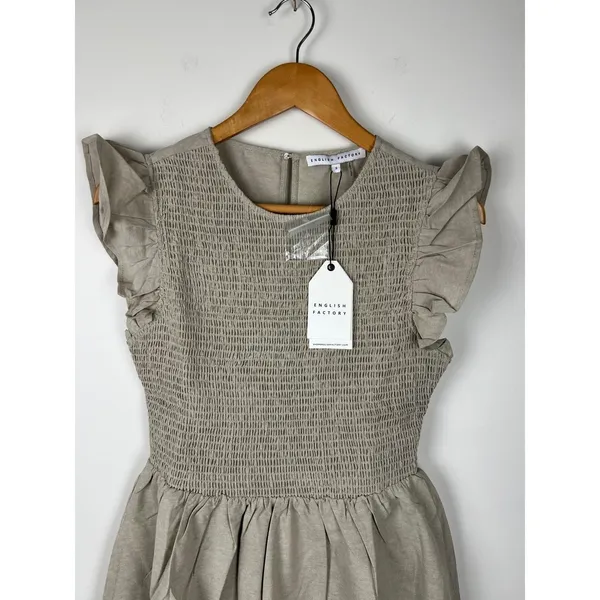 NWT English Factory Smocked Ruffle Sleeve Mini Dress Beige Small NWT BC225D - Image 12