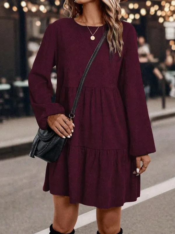 Burgundy Ruffled Flare Sleeve Elegant Dress - Image 3
