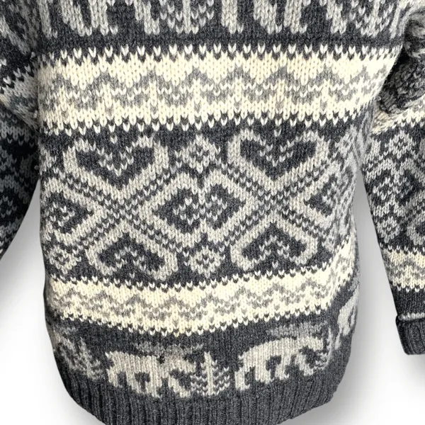 Vintage 90s Eddie Bauer Gray Black Moose‎ Nordic Fair Isle Turtleneck Sweater - Image 7