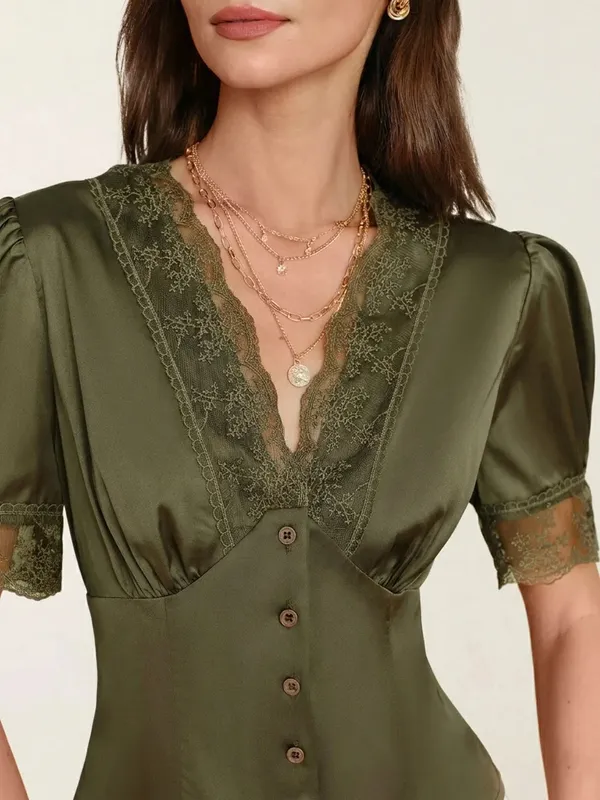 Rihoas Green V Neck Puffed Sleeve Lace Blouse - Image 2