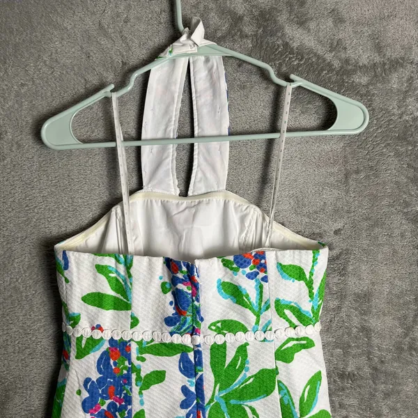 Lilly Pulitzer Size 2 Isabel Halter Dress White Green Blue‎ Floral Tie Neck - Image 2