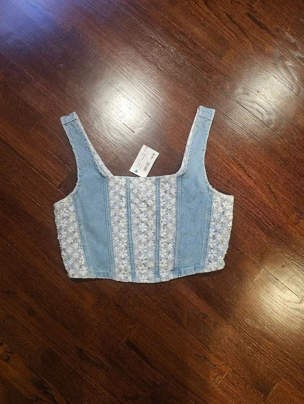 Vanilla Sky Light Blue Floral Patchwork Cropped Tank - Image 2