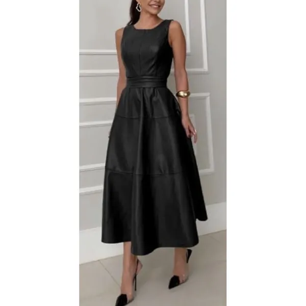 CHARTOU Women PU Faux Leather Sleeveless Elegant Flowy Long Dress Size Small - Image 2