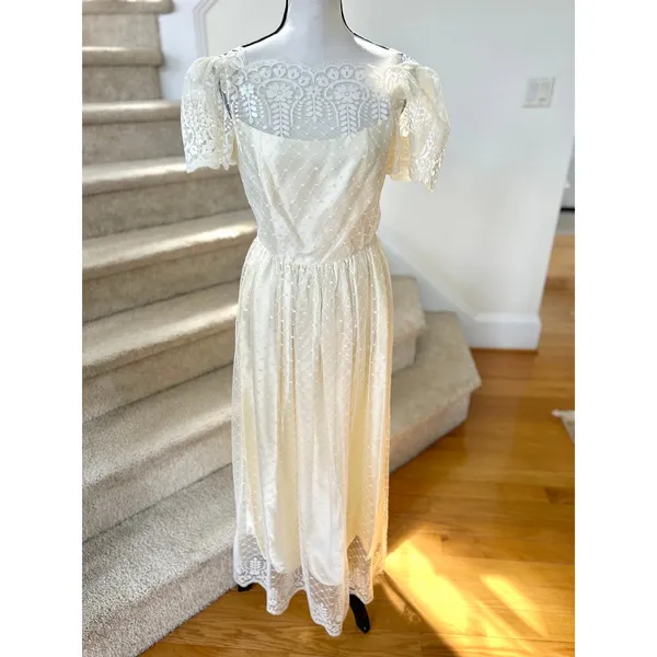 Vintage 70s Cream White Lace Scallop Trim Short Sleeve Midi Dress Regency Fairy - Image 2
