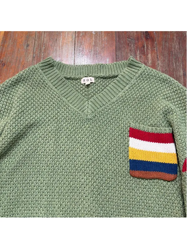 POL Sage Green Chunky Knit V-Neck Sweater Rainbow Stripe Sleeves Pocket M - Image 2