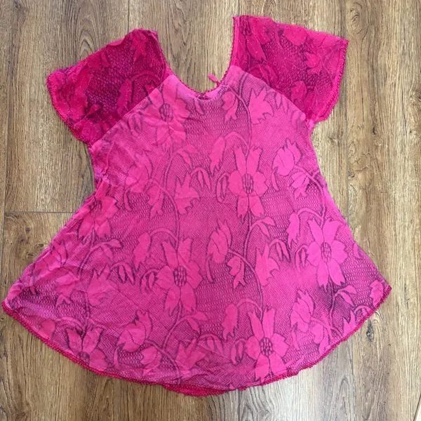 VTG y2k‎ Pink Floral Tunic Top Sheer Lace Up Boho Womens L beach cover up fairy - Image 7