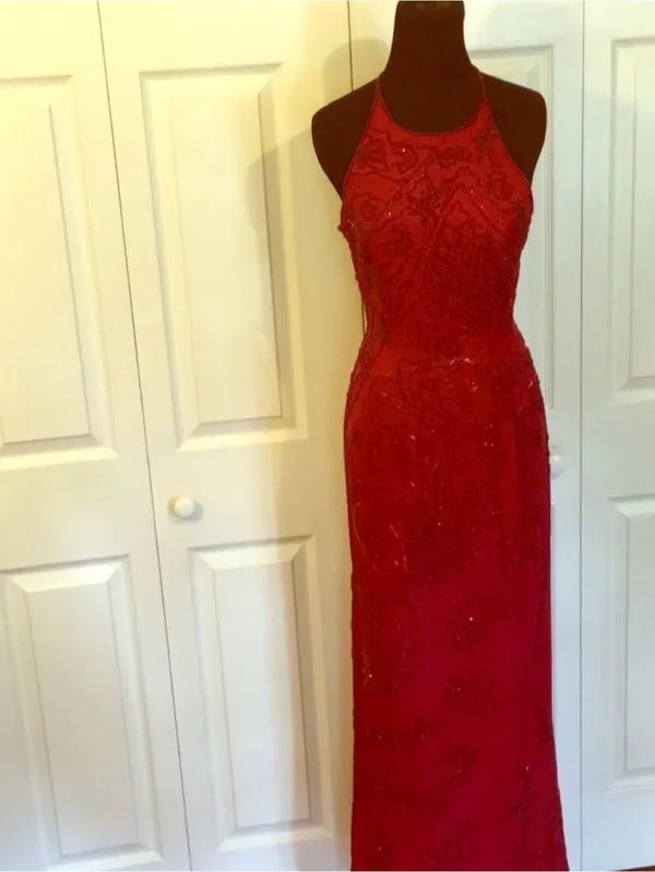 Vintage Blushe Impressions Red Beaded Maxi Gown Open Back Crossover Dress Size 6 - Image 6
