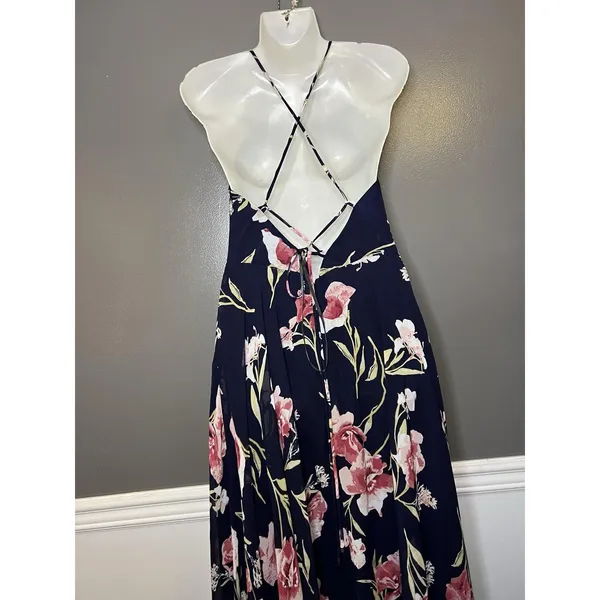 Lulus Dress Womens Medium Blue Floral Halter Maxi Sundress Crisscross Back - Image 5