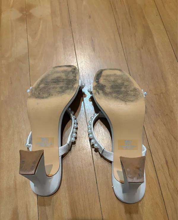 Dolce Vita Pearl Embellished Slip-On Square Toe Cream Colored Heels - Image 7