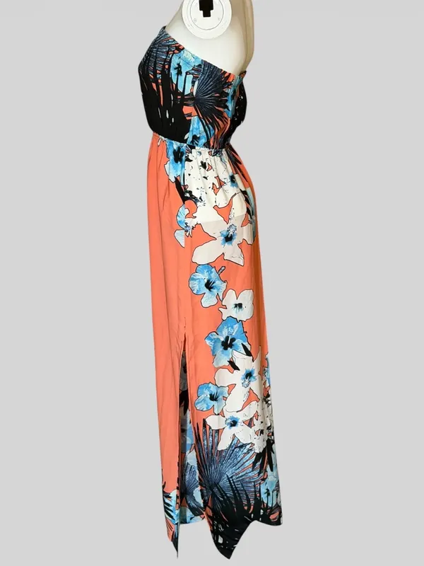 Tyche Coral Strapless Floral Maxi Dress with Blue Accents - Image 5