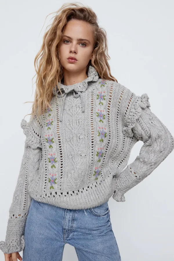 Gray Embroidered Oversized Sweater Top - Image 3