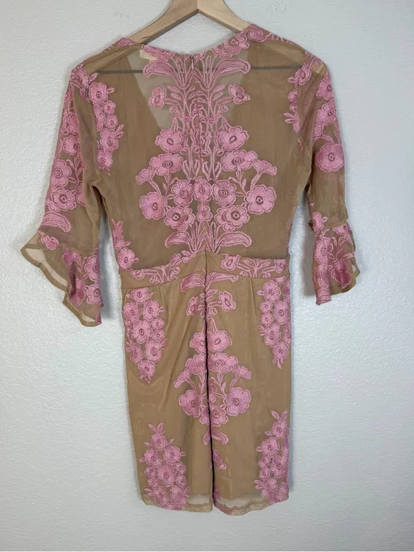 For Love & Lemons Temecula Mesh Embroidered Mini Dress in Nude Rose Pink Large - Image 9