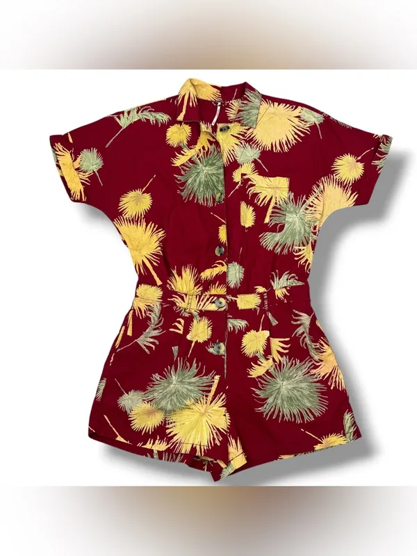 Free People Malibu‎ Tropical Palm Leaf Romper Maroon Red Yellow Small Campy - Image 13