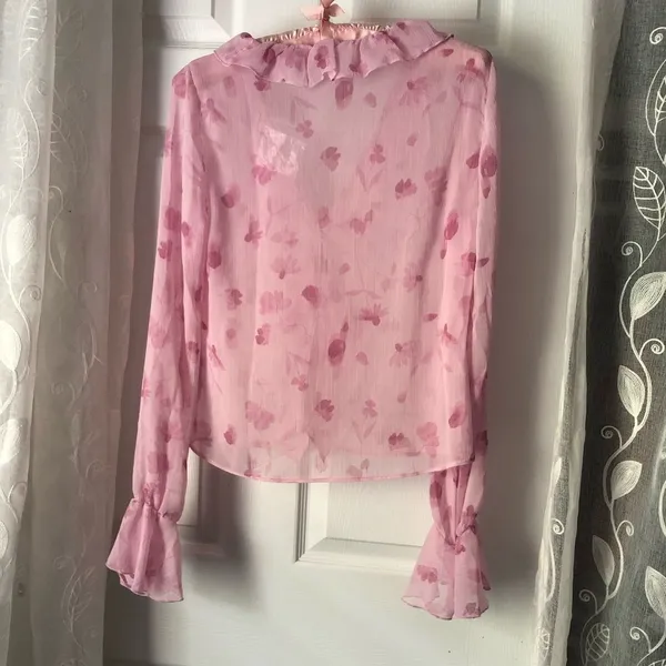 New ASOS DESIGN frill neck volume sleeve with button front in pink floral, sz 6 - Image 8