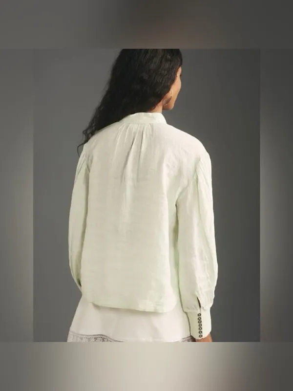 By Anthropologie Long-Sleeve Embroidered‎ Linen Tie-Front Top Blouse mint green - Image 2