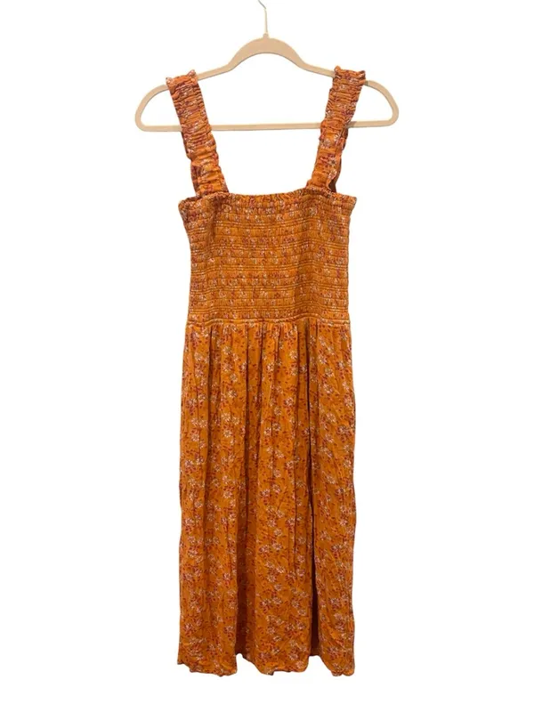 WAYF Orange Floral Smocked Midi Dress Small Ruffle Strap Lined Summer Size M - Image 3