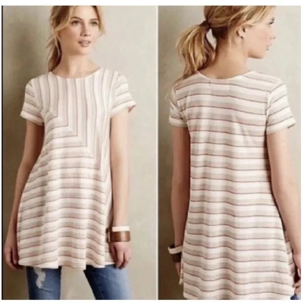 Anthropologie Puella Short Sleeve Striped Swing Tunic‎ Top Beige Medium USA Made - Image 2