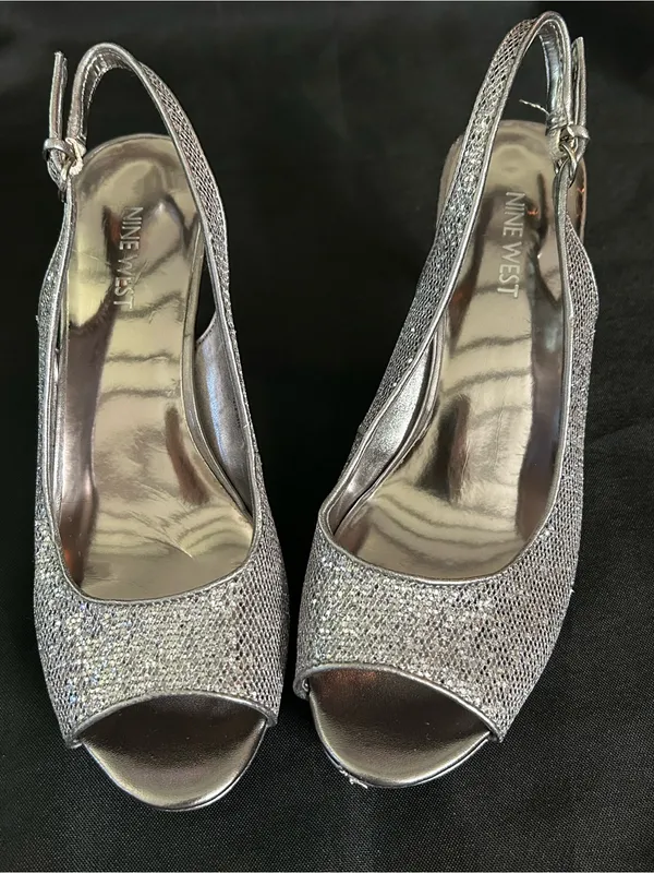 Nine West Women’s Silver Glitter Slingback Peep-Toe Heels 7.5 - Image 10