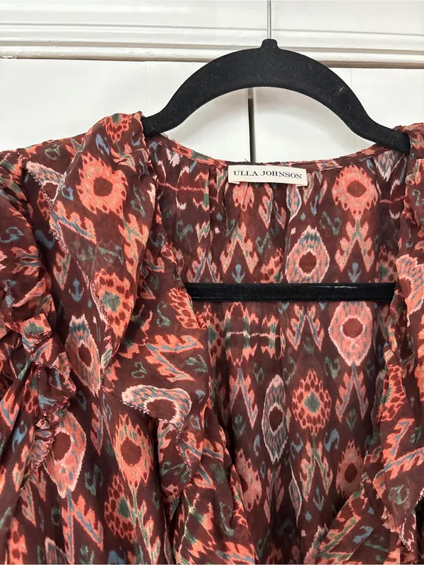 Ulla Johnson Esila Silk Abstract Ruffle Long Sleeve Mini Dress Size 6 Party Ikat - Image 6