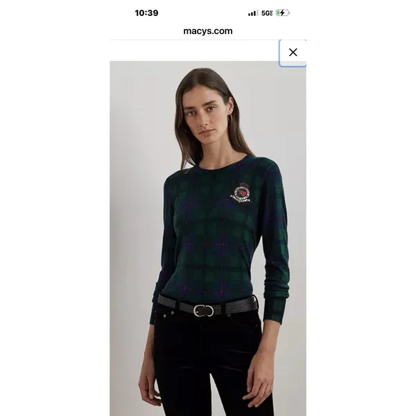 Lauren Ralph Lauren Women Black Watch Plaid Green Sweater Beaded Crest Size PXL - Image 2