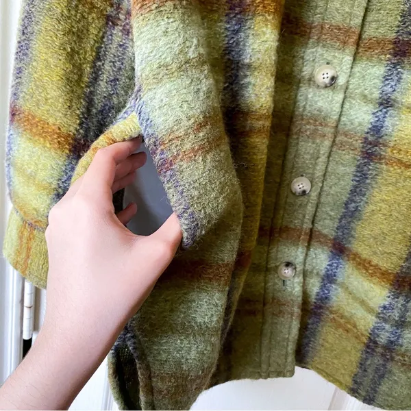 Jacket Ganna Shirt Shacket Fuzzy Wool Plaid Prairie Sage Mint L GUC - Image 4