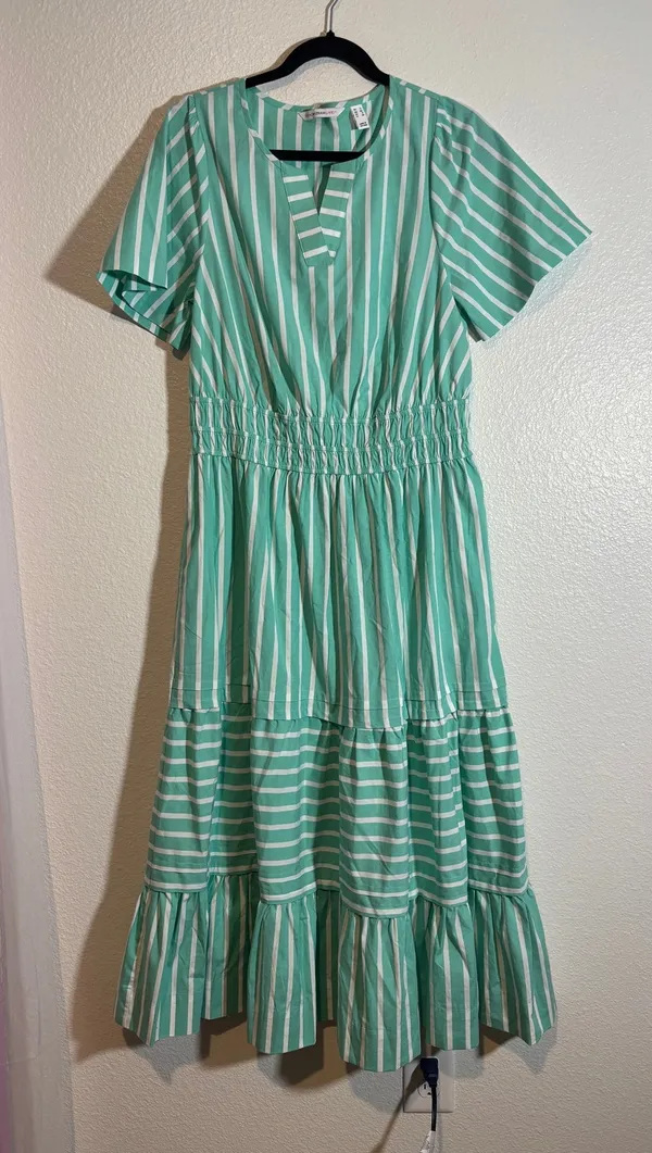 Isaac Mizrahi Live Size S Yarn Dye Striped Poplin Maxi Dress Green White A646863 - Image 2