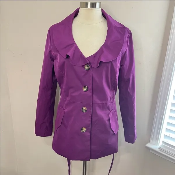 SANDRO STUDIO Purple Ruffle‎ Trim Lightweight Trench Jacket w/Tie Belt, Large - Image 2
