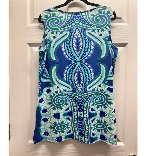 Maria Gabrielle Size 1X Blue Paisley Sleeveless Rhinestone Keyhole Neck Top - Image 4