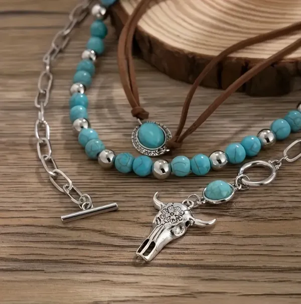 Turquoise and Silver Layered Necklace Set Blue - Image 8