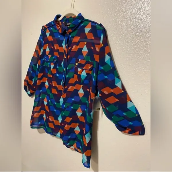 New A.N.A Colorful Geometric Blouse Size L | Semi Sheer Button Front Boho Top - Image 4