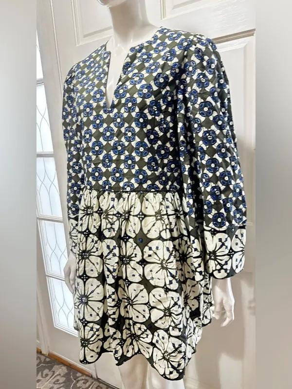 Tuckernuck 100%Cotton Boho Olive & Blue Floral Print Pleated Dress Size Large - Image 3