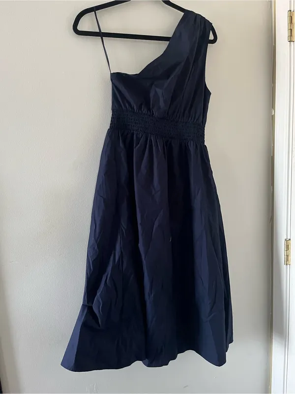 Banana Republic Navy Blue One Shoulder 100% Cotton Poplin Midi Dress Small Beach - Image 7