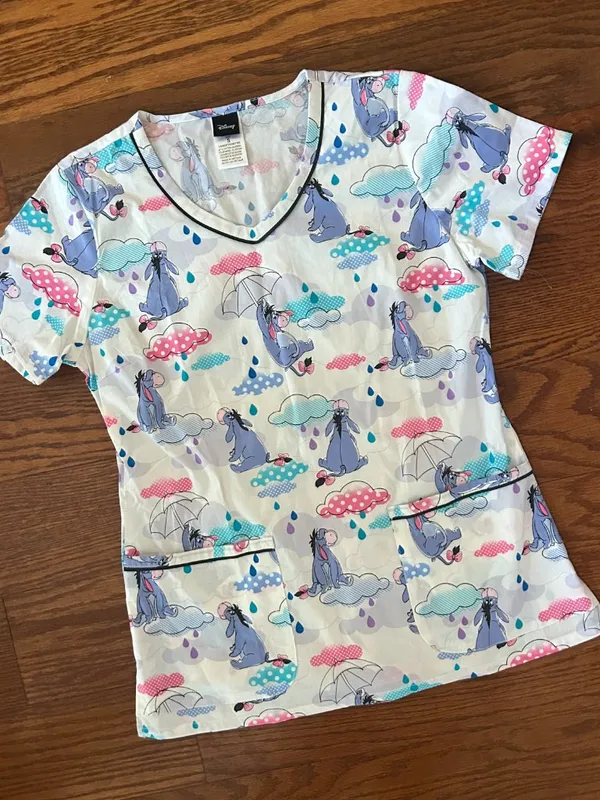 Disney Eeyore Sunshower Womens Scrub Top V-Neck Short Sleeve Pockets Size Small - Image 4