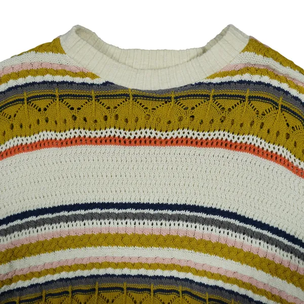 POL Striped Pointelle Knit Sweater Mustard Orange Cream Boho Retro Oversized‎ - Image 3