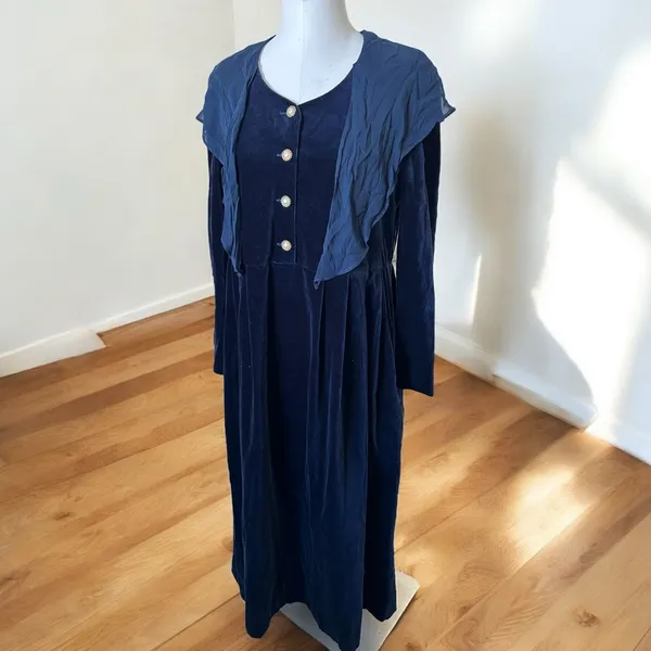 Vintage 80s Laura Ashley Blue Velour Maxi Dress Womens 12 Romantic Cottagecore - Image 2