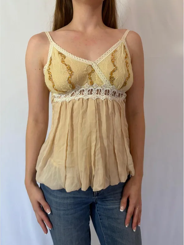 Cream Flouncy Embellished Y2K Fairy Cami Top - Image 5