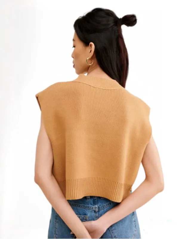 Free People Easy Street Vest Tan Cropped Camel Sweater Vest Rib Knit Preppy Sz M - Image 4