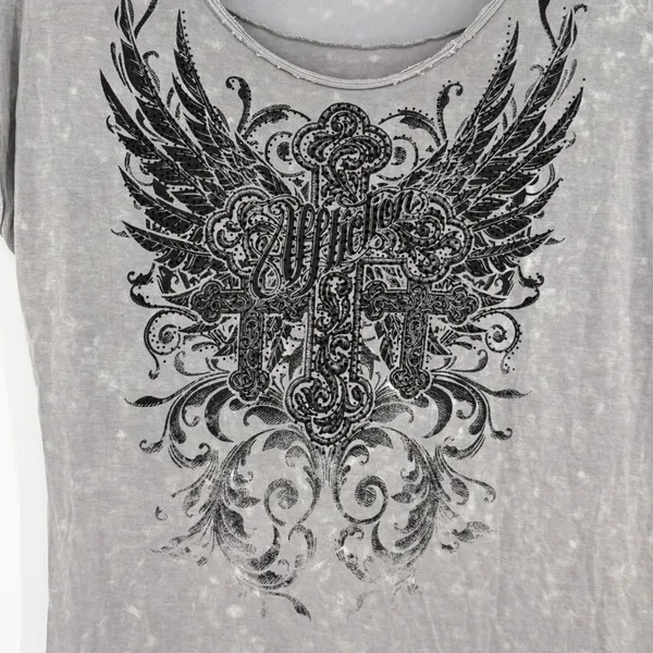 Vintage Affliction Medium‎ Gray Acid Wash Winged Cross Mesh Graphic Shirt Y2K - Image 3