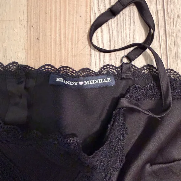 Brandy Melville Black Satin Lace Trim Cami Crop Top One Size Mesh Detail - Image 5