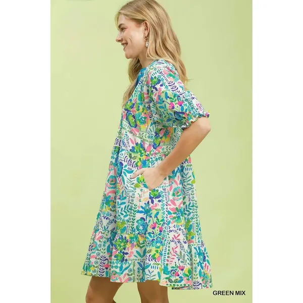 Umgee Mix Botanical Print Puff Sleeve Tiered Dress - Green‎ Mix - Small - Image 2