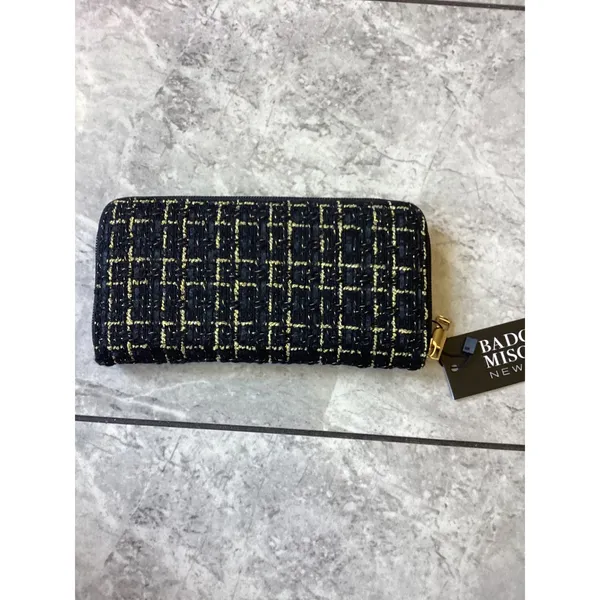 Badgley Mischka Womens Tweed Zip Around Wallet Black Gold Plaid Grid NWT - Image 2