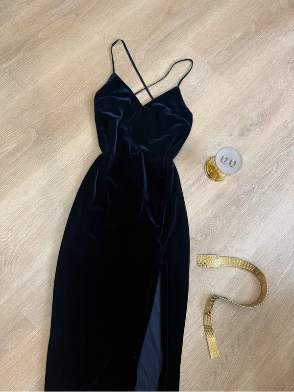 Bardot Navy Blue Velvet Midi Dress, Open Back Evening Dress with High Slit XS - Image 9