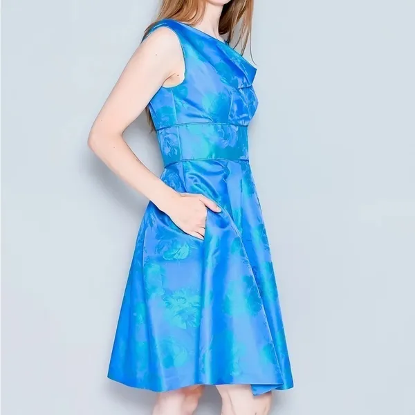 THEIA Floral Jacquard Sleeveless Pleated Dress‎ in Blue Green Size 8 - Image 5