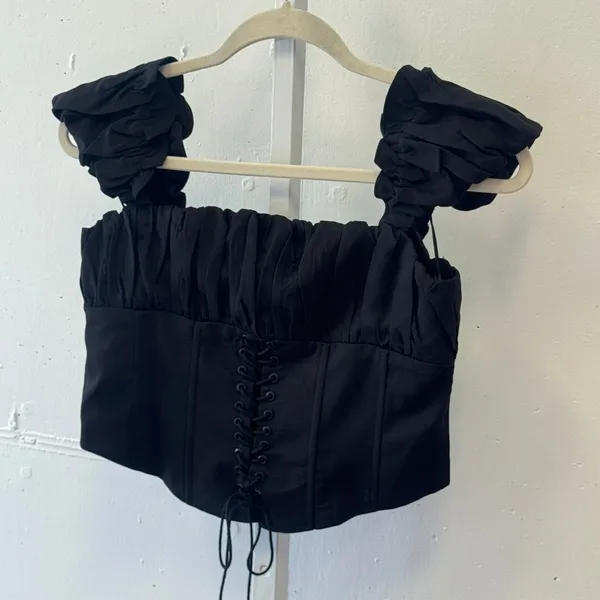 Princess Polly‎ Black Lace Up Corset Crop Top Ruffle Sleeve Milkmaid US 6 - Image 3