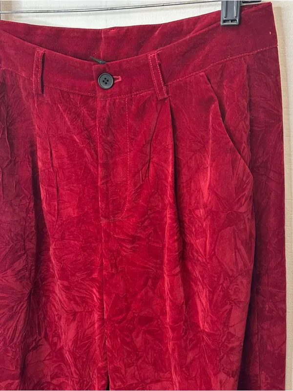Cider Large Women’s Deep Red Crushed Velvet Pleated Trousers Pants - Image 3