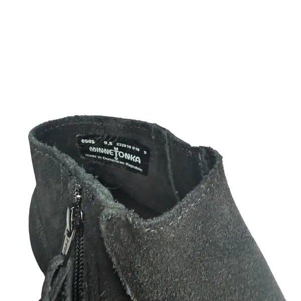 Minnetonka Lacy 9.5 Fringe Ankle Black Suede Leather‎ Bootie Shoe Moccasin Boho - Image 6