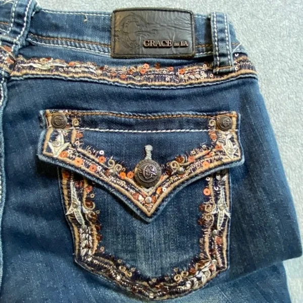 Grace in LA Jeans Womens 28 Blue Embroidered Sequin Pocket Western Distressed - Image 11